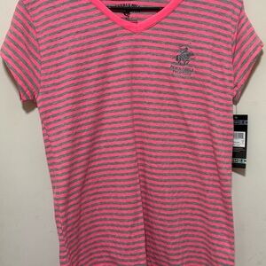 NWT Beverly Hills Polo Club Pink Gray Striped V-Neck T-Shirt Size XL